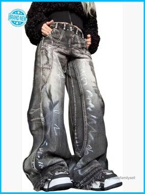 Retro Y2K Graffiti Patchwork Straight Leg Loose Jeans Street Style